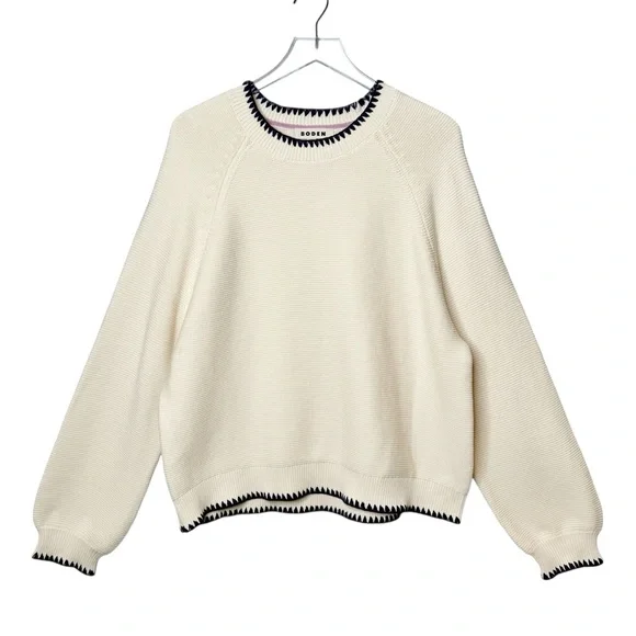NWOT Boden Lena Cream Stitch Detail Jumper Women’s Bishop Sleeve Sweater Sz L - Picture 1 of 12